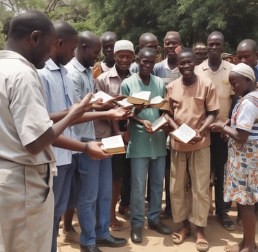 A group of mission team members building a community well under a bright sky.