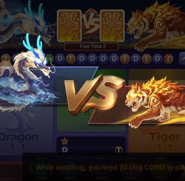 Jalwa Game a Dragon Tiger mobile casino game  featuring a blue dragon vs a flaming orange tiger.