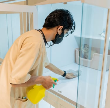 Staff cleaning Moly Cat Hotel rooms with pet-safe disinfectant to ensure a germ-free environment.