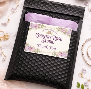 Handmade jewelry packaging featuring a black bubble mailer with a floral Country Rose Studio thank you card.
