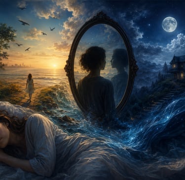 Surreal digital art of a sleeping woman dreaming of a magical landscape with a mirror, sunset, and full moon.