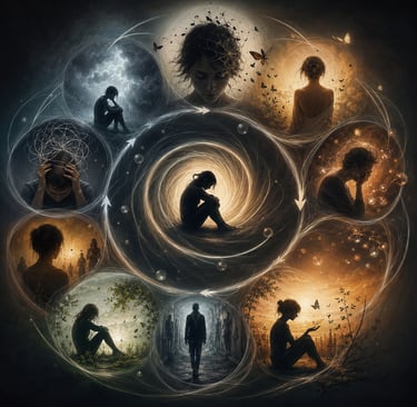 Abstract digital art depicting the cycle of depression and mental health struggles through silhouette figures.