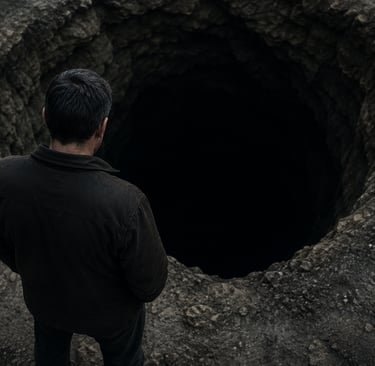 A man stands on the edge of a deep dark hole in the rocky ground.