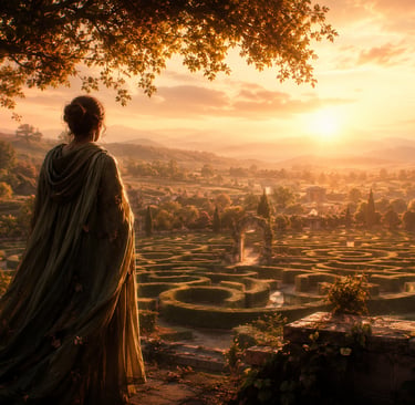 A woman looks over a fantasy garden maze during a golden sunset.