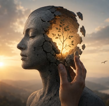 Surreal stone sculpture of a female head cracking open to reveal a glowing tree symbolizing mental health growth and healing.