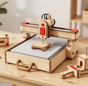 A cozy workshop corner with wooden toy kits and furniture pieces in progress, bathed in warm natural light.