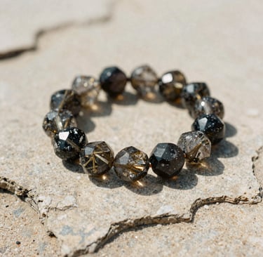 A serene corner with shadows of leaves dancing on a minimalist wooden table, holding a single crystal bracelet.