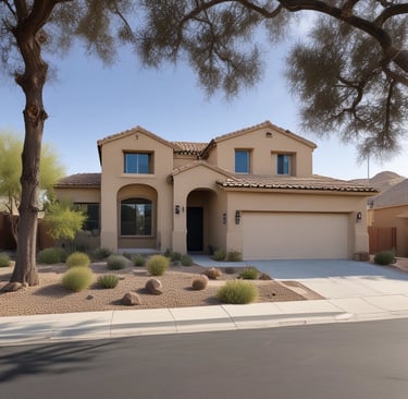 Freshly painted rustic Arizona home exterior glowing in warm sunset light.