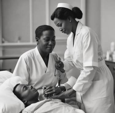 A compassionate nurse gently assisting an elderly patient in a bright, welcoming care home room.