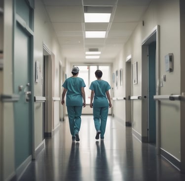 A compassionate nurse gently assisting an elderly patient in a bright, modern care home room.