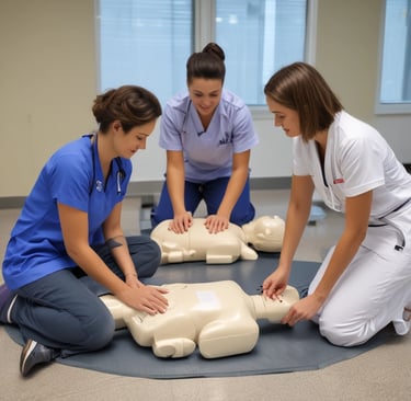 A smiling nurse providing friendly support to an older adult during a home care visit surrounded by soft blue and green tones.