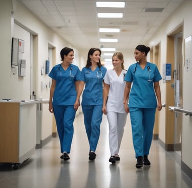 A serene moment of an older adult receiving attentive care from a nurse in a softly lit living room.