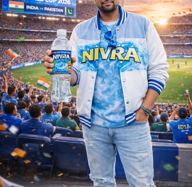 A man holding a NIVRA water bottle at the T20 World Cup 2026 cricket match between India and Pakistan.