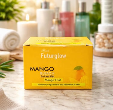 Futurglow Mango Bleach facial kit packaging on a marble surface in a bright spa setting.