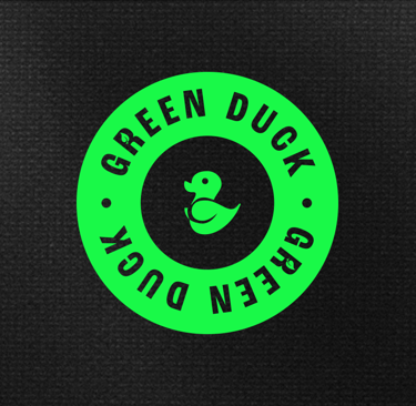 a green duck logo on a black background