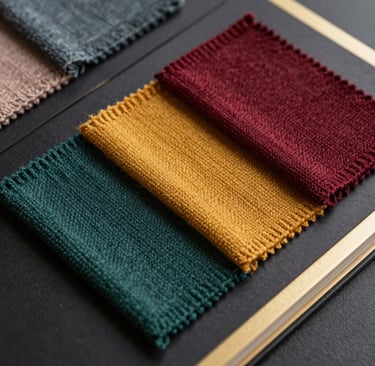 Close-up of  fabric swatches in rich colors laid out in an elegant black and gold folder.