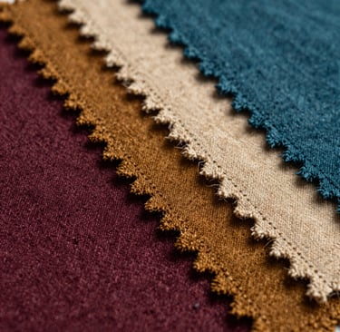 Hands holding a fabric swatch from the folder, showcasing the texture and color vibrancy.