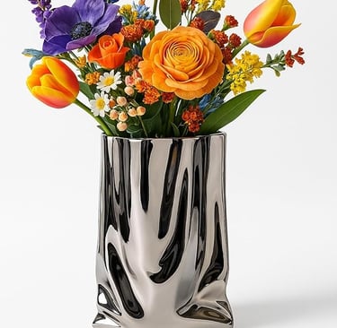 Silver liquid-chrome ceramic vase with bright floral arrangement, luxury statement décor piece.