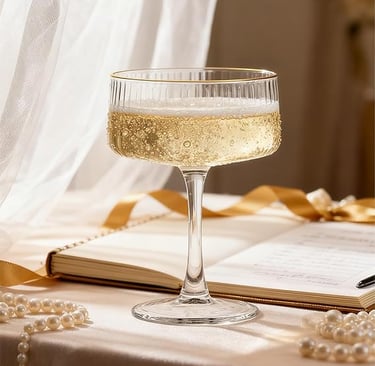 Set of clear wine glasses with elegant gold rims on a styled dining table.