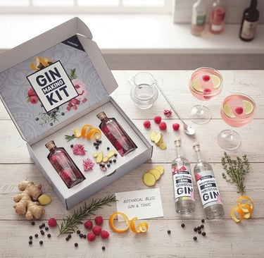 Gin-making kit with botanicals and bottles, creative homemade gin gift set.
