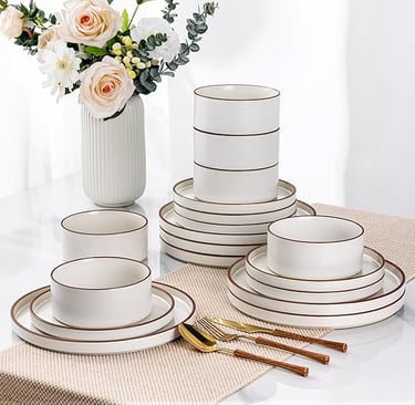 Neutral stoneware dinner set with smooth rounded shape, elegant everyday tableware.