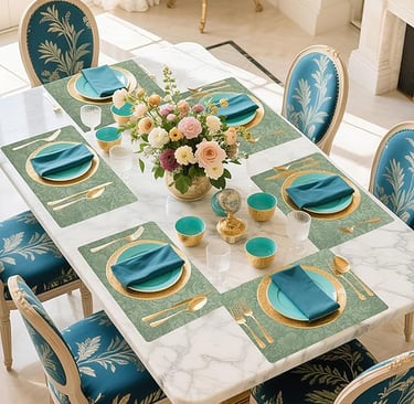 Blue and gold patterned table setting with matching placemats and plates, elegant dining décor.
