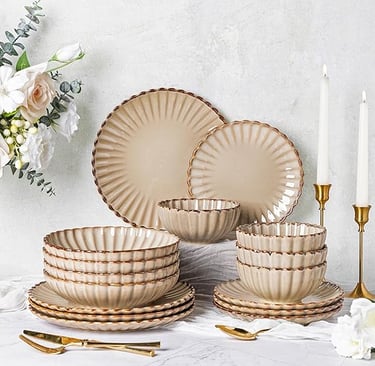 Neutral stoneware dinner set with ribbed design, rustic beige plates and bowls.