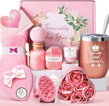 Pink pamper bath set with rose soaps and self-care accessories, relaxing gift idea.