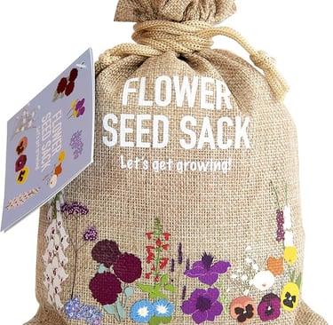 Flower seed gift sack with illustrated designs, pack of mixed flower seeds for gardening.