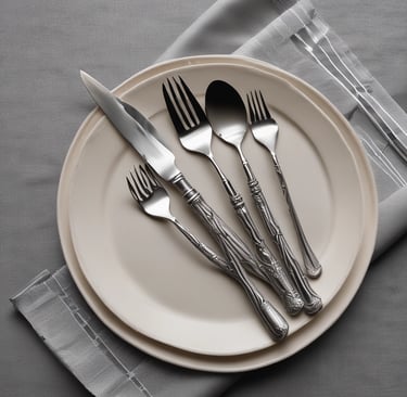 A beautifully set dining table featuring fine porcelain plates with subtle gold trim, softly lit to highlight their delicate elegance.