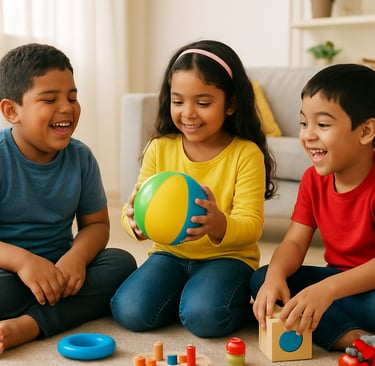 A warm, inclusive illustration showing a diverse group of families and children engaging in supportive therapy activities together.