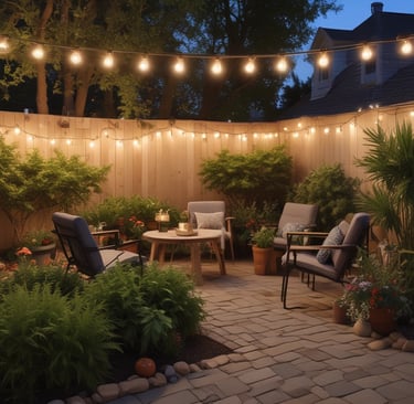 A cozy backyard nook with string lights and comfortable seating