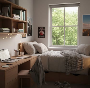 Cozy aesthetic dorm room with a wooden study desk, laptop, bookshelves, and bed by a window with green trees.