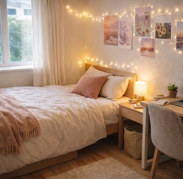 Cozy bedroom aesthetic with fairy lights, a wooden desk with a laptop, and a bed with a pink throw blanket.