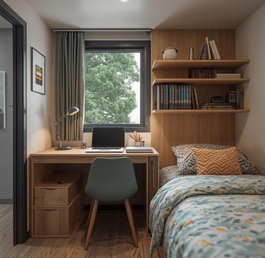 Small modern bedroom with a compact wooden desk, laptop, and built-in bookshelves next to a window.