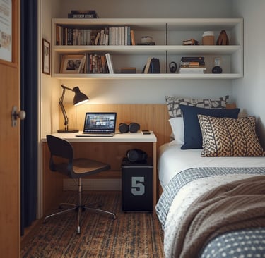 Small bedroom interior featuring a compact study desk with laptop and a single bed with patterned pillows.
