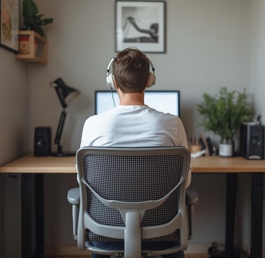 A man wearing headphones works at a modern home office desk with an ergonomic chair and computer.