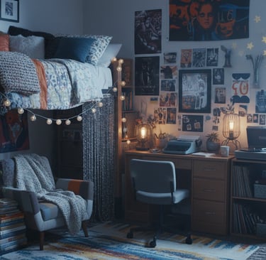Cozy aesthetic dorm room featuring a lofted bed, fairy lights, and a vintage-style desk with a record player.