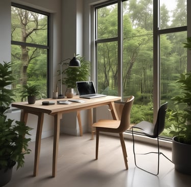Modern home office with a wooden desk, laptop, and large windows overlooking a lush green forest.