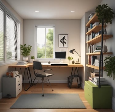 Modern home office with a wooden corner desk, computer monitor, and bookshelves near a bright window.
