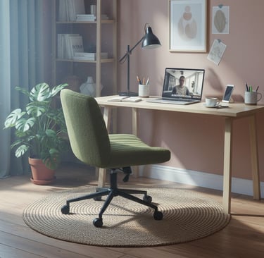 Modern home office setup with a green ergonomic chair, wooden desk, and laptop in a cozy bedroom.