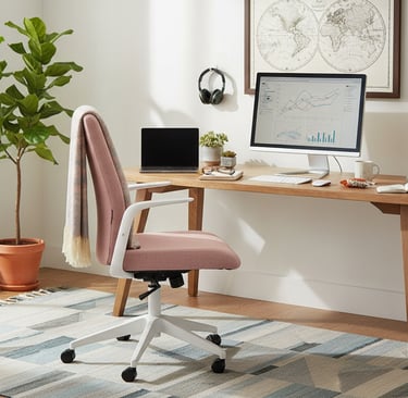 Modern home office featuring a pink ergonomic desk chair and a wooden desk with a computer monitor.