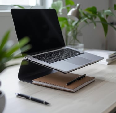 Ergonomic laptop stand on a modern home office desk with a notebook, pen, and green plants.