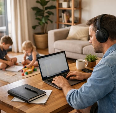 A man wearing noise-canceling headphones works on a laptop at home while children play in the background.