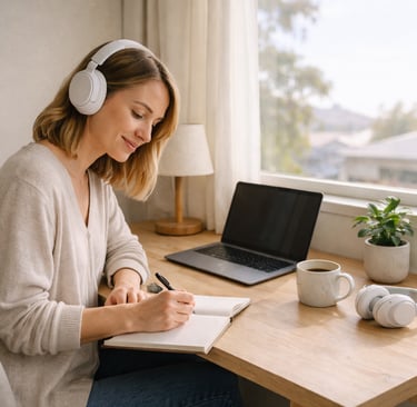 A woman wearing noise-canceling headphones works at a bright home office desk with a laptop and notebook.
