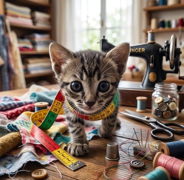 Gatito con cinta métrica en un taller de costura.