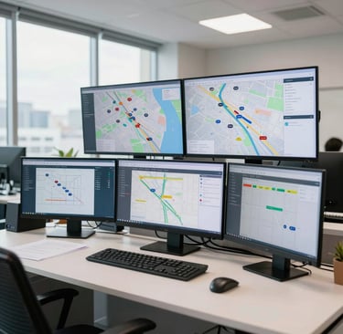 A clean, modern North American logistics office with multiple high-definition screens displaying digital maps and fleet tracking data. Bright, natural lighting highlights the organized desk and professional atmosphere.