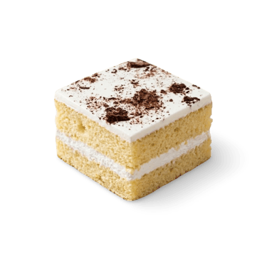Square slice of vanilla sponge cake with white frosting and cocoa powder sprinkles.