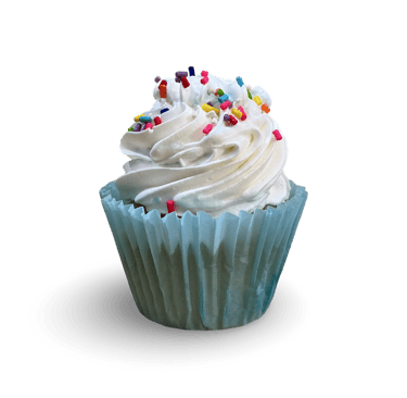 Vanilla cupcake with white buttercream frosting and rainbow sprinkles on a black background.