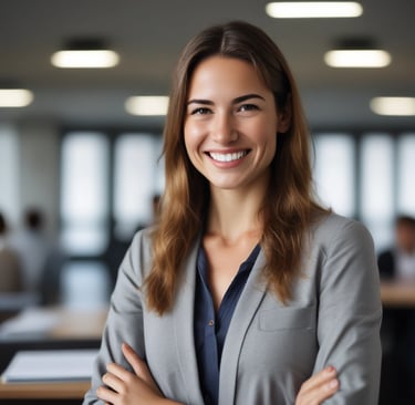 Portrait of a smiling woman in a modern office setting